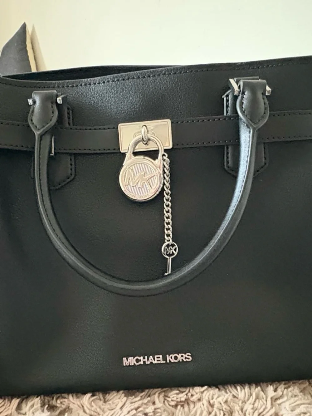 Michael Kors Black Leather Satchel with Signature Charm